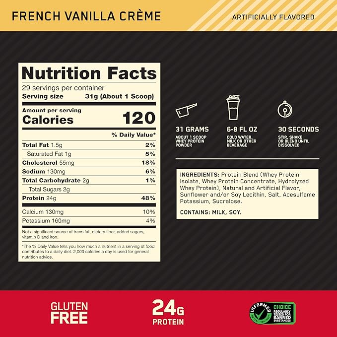 Optimum Nutrition Gold Standard 100% Whey Protein Powder, French Vanilla Creme, 2 Pound (Packaging May Vary)