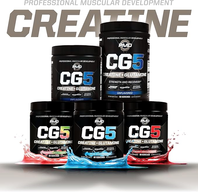 PMD Sports CG5 - Premium Creatine & L Glutamine Powder - Maximum Strength Power Recovery, Build Lean Muscle, Increase Workout Performance - Pre Workout & Post Workout - Blue Raspberry (30 Serv)