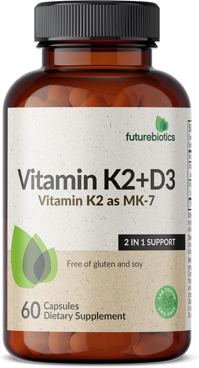 Futurebiotics Vitamin K2 (MK7) with D3 Supplement - Non-GMO Formula - 5000 IU Vitamin D3 & 90 mcg Vitamin K2 MK-7, 60 Vegetarian Capsules