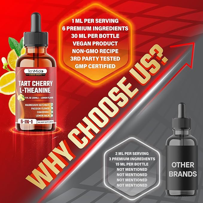 Tart Cherry Extract Liquid Drops - 6in1 with L-Theanine, Magnesium Glycinate, Passion Flower, Chamomile, Lemon Balm - Vegan, Non-GMO - 30ml 1 Fl Oz