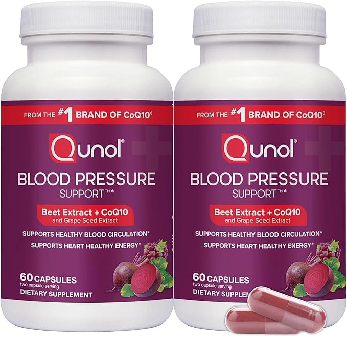 Qunol Blood Pressure Support, 3 in 1 Beets + CoQ10 + Grape Seed Extract, Beet Root Capsules that Supports Healthy Blood Circulation & Heart Healthy Energy, 60 Count (Pack of 2)