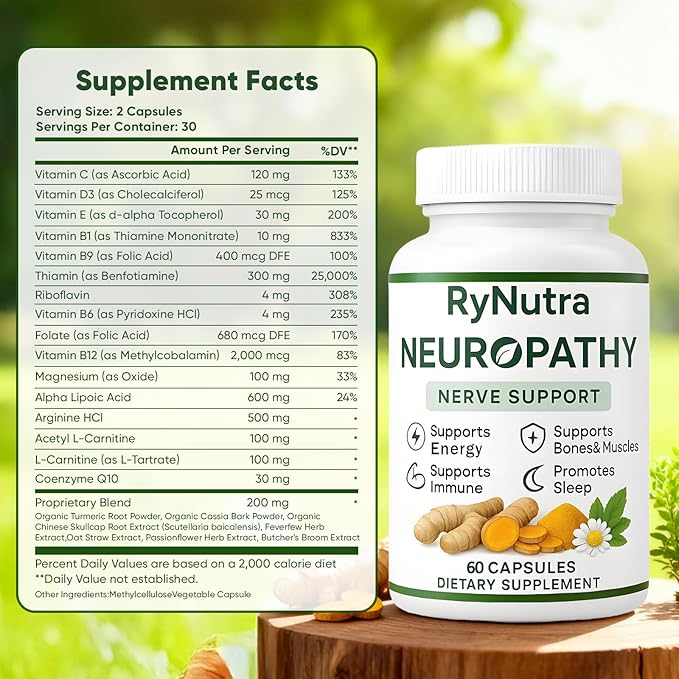 Rynutra Nerve Support – Nerve Health & Wellness Supplement with Vitamins C, B12, – Supports Energy, Nervous System & Overall Well-Being, 60 Capsules