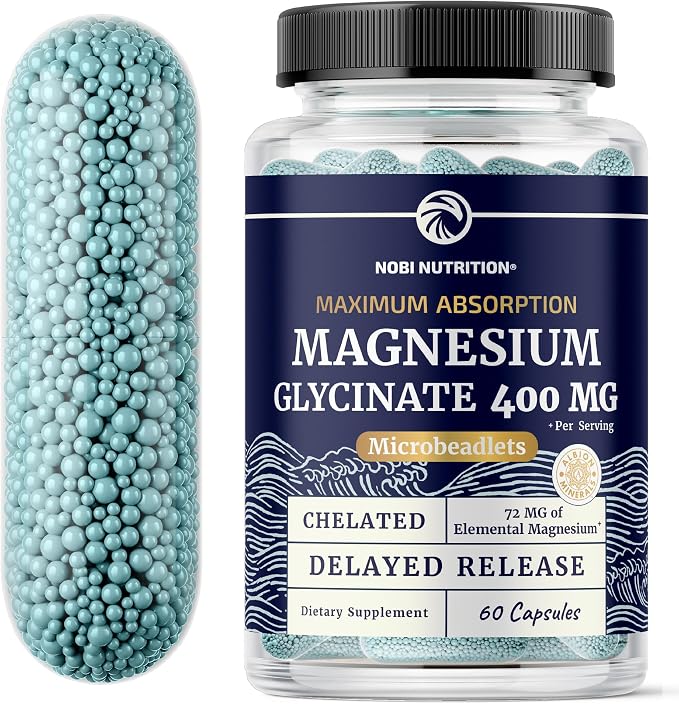 Magnesium Glycinate 400mg | High Absorption Magnesium for Sleep, Calm, Muscle Relaxation, Heart, Bone & Nerve Support for Women & Men | Advanced Microbeadlets | Chelated Mag Glycinate | 60 Ct.