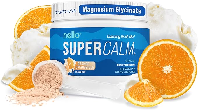 Nello Supercalm Powdered Drink Mix Tub, Cortisol Reducer* and Sleep Aid Supplement, L Theanine, Ksm-66 Ashwagandha, Magnesium Glycinate, Vitamin D 3, No Sugar, Non GMO, 30 Ct, Orange Creamsicle