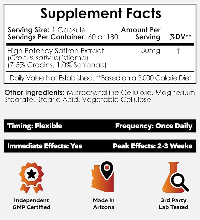 Nootropics Depot High Potency Saffron Extract Capsules | 30mg | Minimum 7.5% Crocins and 1% Safranals | Crocus sativus | 180 ct