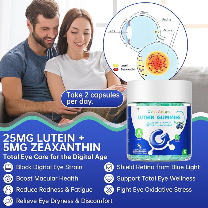 Lutein and zeaxanthin Eye Vitamins Gummies, Bilberry, Astaxanthin, Eye Vitamins for Kids and Adult Vision&Blue Light Support, Overall Eye&Macular Health-60 Count