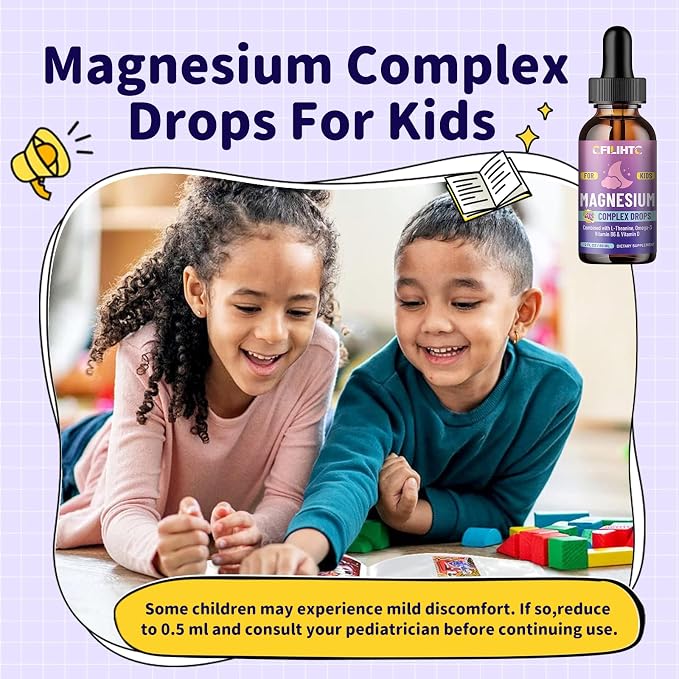 Kids Magnesium Liquid Drops-Magnesium Glycinate Liquid for Kids Supplement-w/L-theanine, Omega-3, Vitamin B6, D3 - for Sleep, Relaxation, Brain, Bones - Grape Flavor, 2 Fl Oz