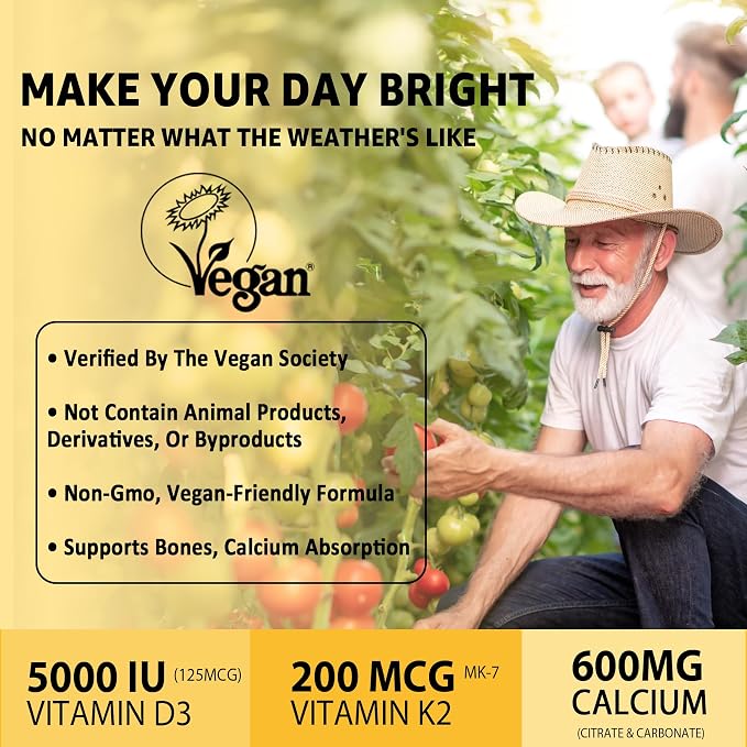 Vitamin D3 5000iu & K2( as MK7 ) 200mcg Gummies + 600mg Calcium, with Coconut Oil for High Absorption, Maximum Strength Vitamin D3 K2 Supplement - Support for Bones Muscle Teeth Immune, Vegan 60 Count