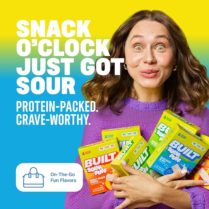 BUILT Sour Puff Protein Bar, Blue Razz Blast, 16g Protein - 12 Count | Sour Gummy, Candy-like Protein Snack Bar with Collagen, Calorie Conscious, Gluten Free