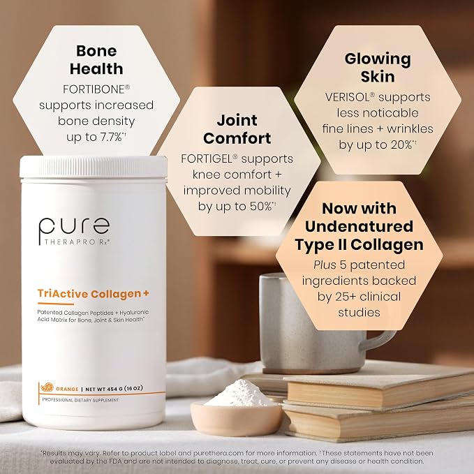 Pure Therapro Rx TriActive Collagen Plus, Collagen Powder for Hair, Skin, Nails, Bones & Joints, Hydrolyzed Collagen Powder w/Patented Peptides, Unflavored Multi Collagen Protein Powder (Orange)