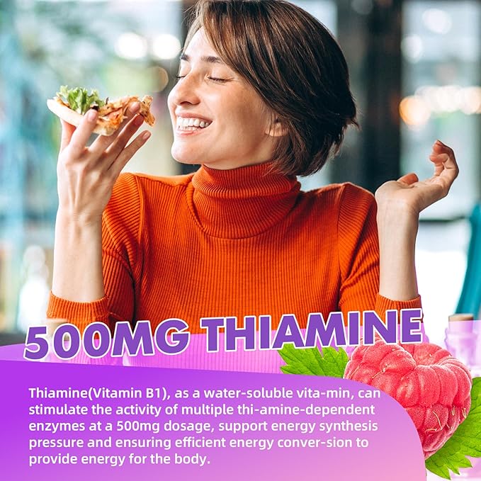 Vitamin B1 Gummies 500mg for Adults & Kids – High Potency Thiamine B1 Supplement for Energy & Nervous System Support, Sugar-Free, Raspberry Flavor, 60 Count
