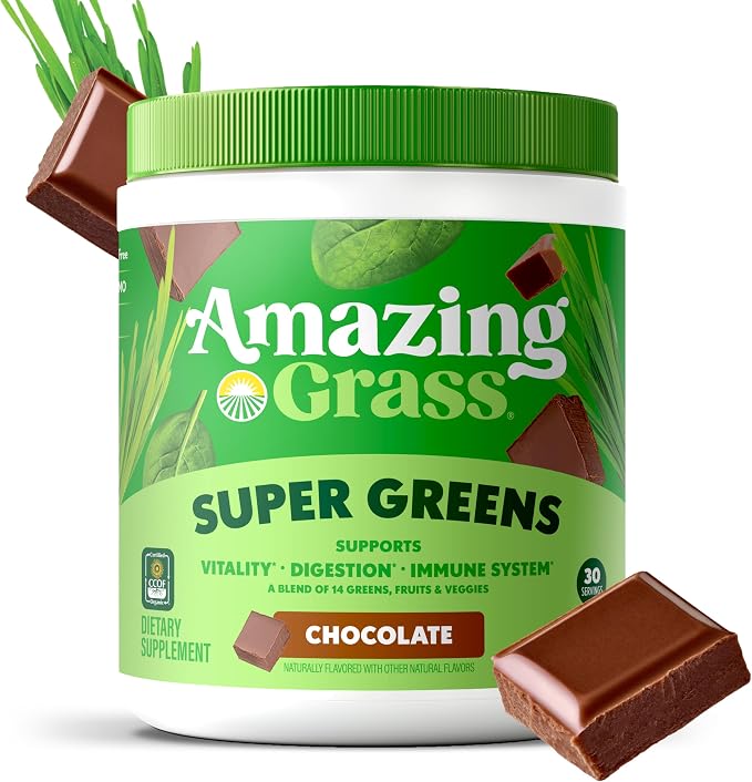 Amazing Grass Greens Blend Superfood: Super Greens Powder Smoothie Mix with Organic Spirulina, Chlorella, Beet Root Powder, Digestive Enzymes & Probiotics, Chocolate, 30 Servings (Packaging May Vary)