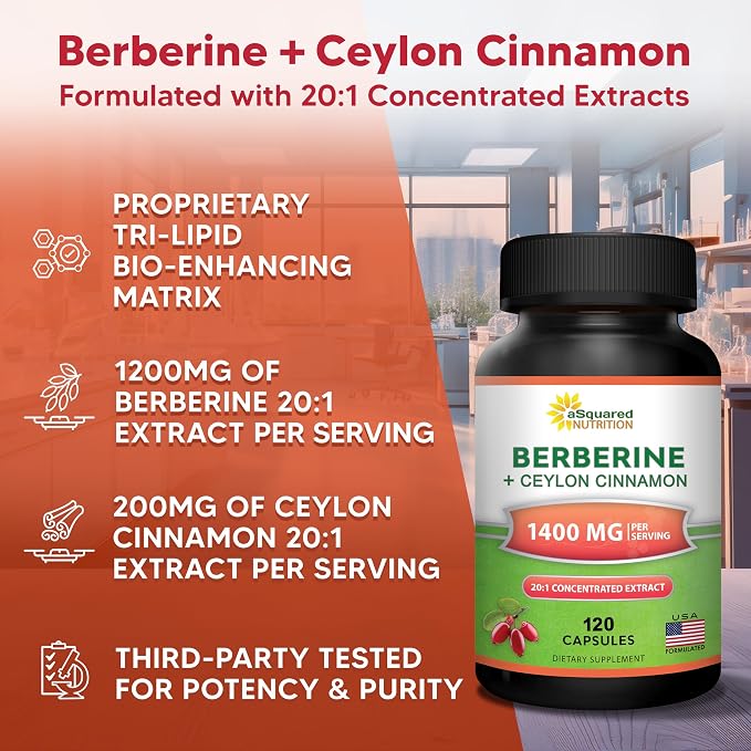 aSquared Nutrition Berberine with Ceylon Cinnamon Supplement - Max Strength Complex - 120 Capsules - Berberine HCl 1200mg Per Serving - Premium Extract Plus Pills Alternative to Gummies & Drops