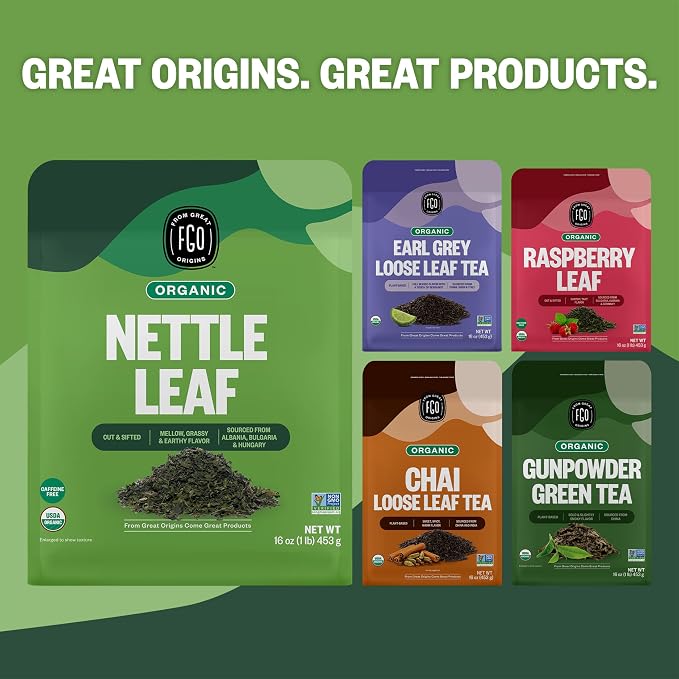 FGO Organic Nettle Leaf Loose Tea, Cut and Sifted, Caffeine Free, 16oz Bulk Resealable Bag, Packaging May Vary (Pack of 1)