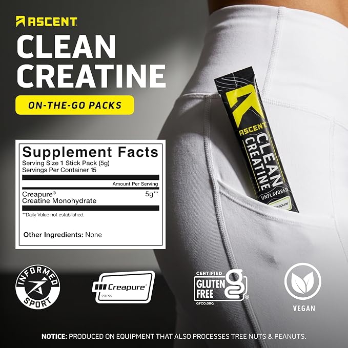Ascent Clean Creatine Monohydrate Powder - 5G Per Serving, Creapure Creatine Supplement - Unflavored, 15 5G Servings