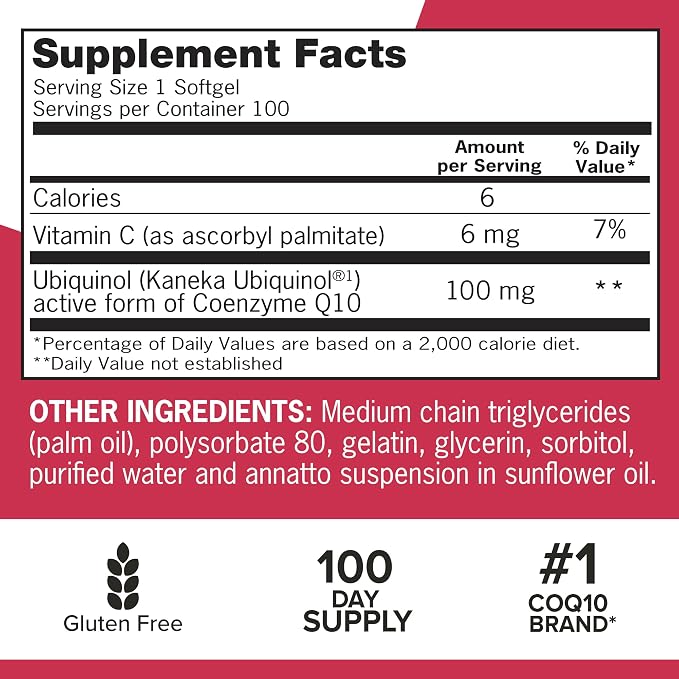 Qunol Mega Ubiquinol 100mg CoQ10, Superior Absorption, Patented Water and Fat Soluble Natural Supplement Form of Coenzyme Q10, Antioxidant for Heart Health, 100 Count Softgels