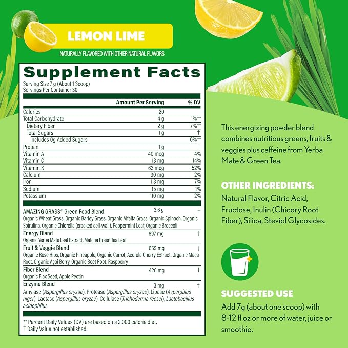Amazing Grass Greens Blend Energy: Smoothie Mix, Super Greens Powder & Plant Based Caffeine with Matcha Green Tea & Beet Root Powder, Lemon Lime, 30 Servings (Packaging May Vary)