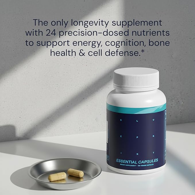 Blueprint Bryan Johnson Essential Capsules - Daily Multivitamin/Multimineral for Women and Men - Antioxidant Supplement with Calcium, Vitamin B1, Vitamin D, and Zinc - Vegan and Non GMO (30 Servings)