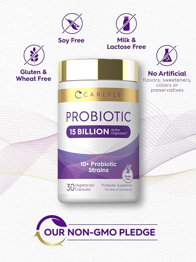 Carlyle Probiotic | 15 Billion CFU | 30 Capsules | 10 Probiotic Strains with Prebiotic Fiber | Delayed Release | Non GMO, Gluten Free