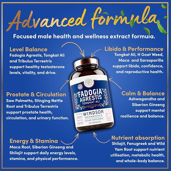 Fadogia Agrestis and Tongkat Ali Supplement - Fadogia Agrestis 600mg, 500mg Longjack Tongkat Ali for Men, Maca Root, Fenugreek, Ashwagandha, Saw Palmetto to Support Energy, Stamina, Vitality - 120Caps