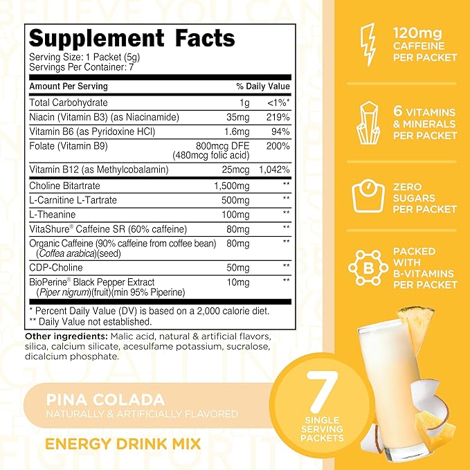 TransformHQ Boost Shot Powder Drink Stick Packets, Pina Colada, 7 Pack, Energy Supplements for Women & Men, with Caffeine, Vitamin B12, B9, B6 & B3
