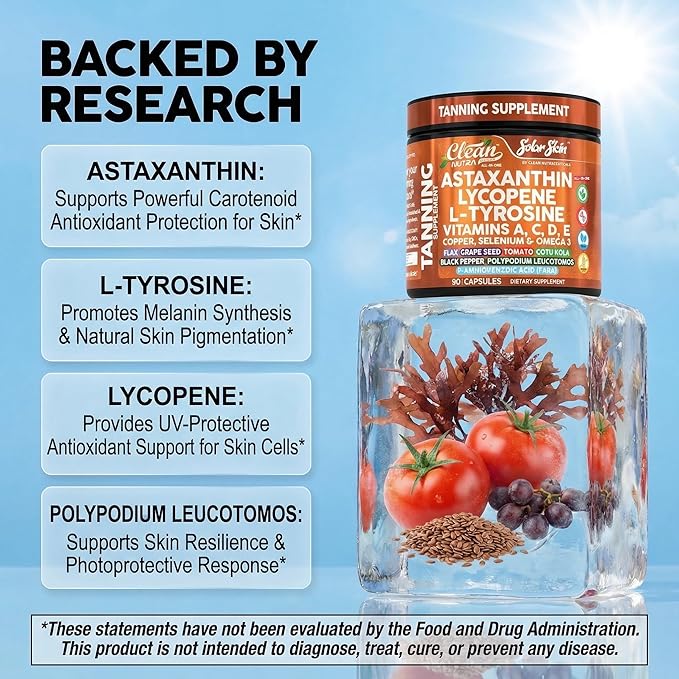 Solar Skin Astaxanthin Tanning Supplement Lycopene L-Tyrosine Vitamins A C D E, PABA Beta Carotene Selenium Grapeseed Extract Omega 3 Flax Seed Copper Capsules By Clea Nutra