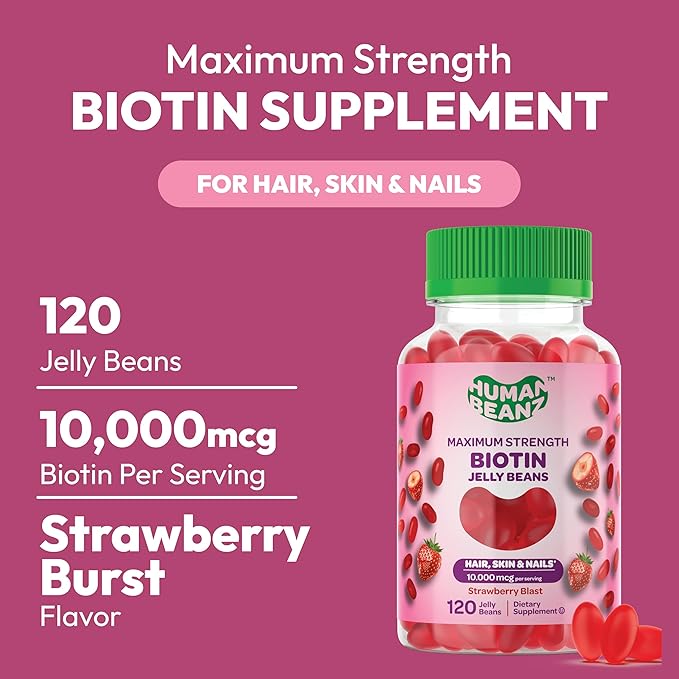 Human Beanz Biotin Jelly Bean Gummy Vitamins, Max Strength Biotin for Hair, Skin and Nails, 10,000mcg per Serving, Hair Growth Vitamins for Men and Women, 120 Strawberry Blast Jelly Beans, Kosher