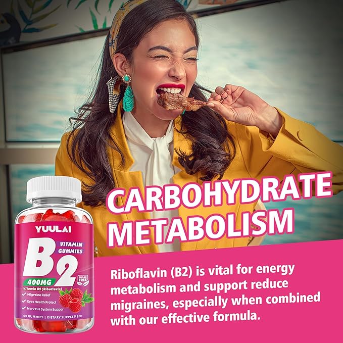 Pack of Vitamin B2 Gummies 400mg | Riboflavin Supplement with Magnesium for Kids & Adults, B2 Gummies for Migraine Relief, Nervous System & Skin Health, Vegan, Sugar-Free, Raspberry Flavor, 120 Count