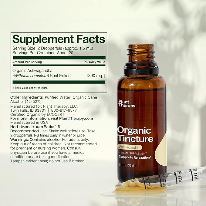 Plant Therapy Organic Ashwagandha Root Herbal Supplement Tincture 30 mL (1 oz) Supports Relaxation, Rejuvenating & Immune Supporting, Vegan, Non GMO, Gluten Free, Liquid, 1 Bottle