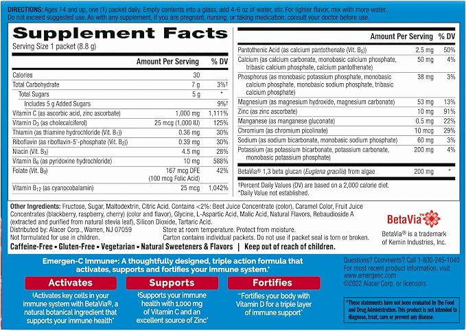 Emergen-C Immune+ Triple Action Immune Support Powder, BetaVia (R), 1000mg Vitamin C, B Vitamins, Vitamin D and Antioxidants, Raspberry – 30 Count