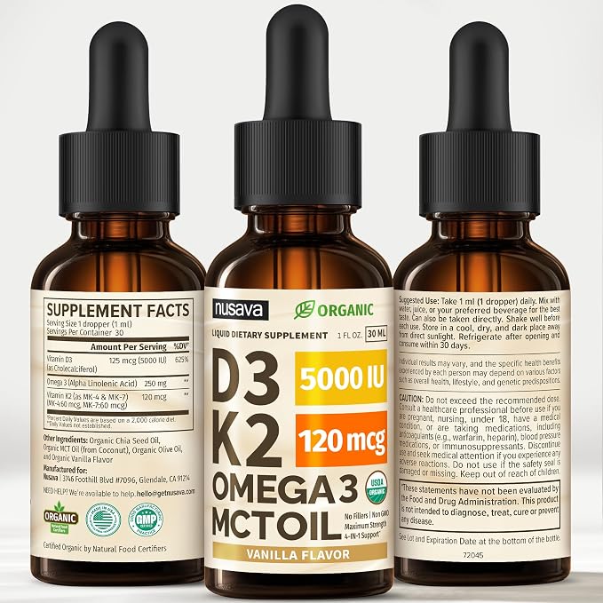 (2 Pack) Organic Vitamin D3 K2 Drops with MCT Oil Omega 3, 5000 IU - Maximum Strength Vitamin D Liquid, No Fillers, Non-GMO Liquid D3 for Faster Absorption and Immune Support (Vanilla, 1 Fl OZ x 2)