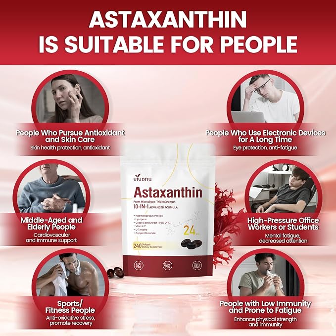 VivoNu Astaxanthin 24mg – Powerful Antioxidant Support for Skin, Eyes & Immune System – 10-in-1 Formula with Lycopene, Grape Seed, Vitamin E & Zinc – Triple Strength, 480 Softgels, 2 Bag