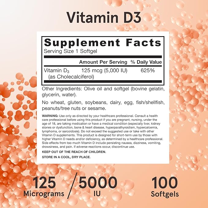 Jarrow Formulas Vitamin D3 125 mcg (5000 IU) - 100 Servings (Softgels) - Bone Health, Immune Support & Calcium Metabolism Support - Vitamin D Supplement - D3 Vitamins - 5000 IU Vitamin D - Gluten Free