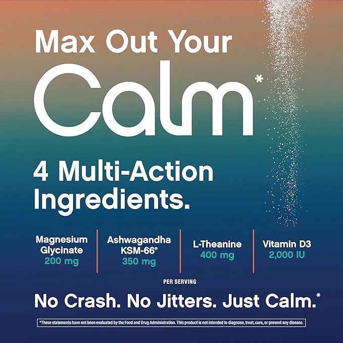 Relaxing Drink Mix | Raspberry-Lemonade Flavor | Magnesium Glycinate, KSM-66 Ashwagandha, L-Theanine & Vitamin D3 | MaxCalm | Gluten-Free, Vegan | 8 Ounce Powder