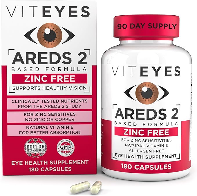 Viteyes AREDS 2 Zinc Free Macular Support, Natural Allergen Free Capsules with Vitamin E, Vitamin C, Lutein & Zeaxanthin, No Zinc, No Copper, Eye Doctor Trusted, Manufactured in the USA, 180 Ct