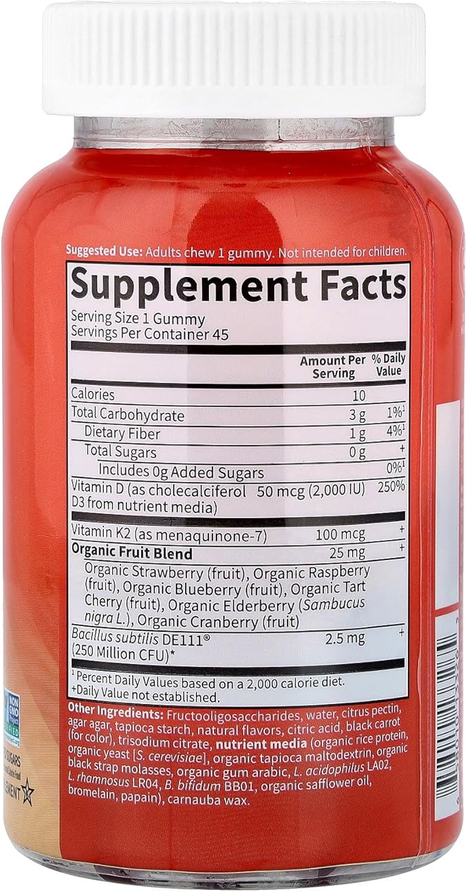 Garden of Life Vitamin Vitamin Code D3 + K2 Gummies with Prebiotics & Probiotics for Digestion, 2000 IU Vitamin D3 + 100 mcg K2 for Bone & Immune Health for Adults, 45 Raspberry Lemon Gummies