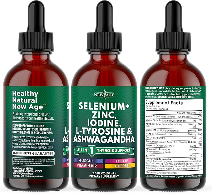 Thyroid Support Drops - Selenium, Zinc, Iodine, L Tyrosine, Ashwagandha, Turmeric, Schisandra Guggu, Cayenne, Basil - Liquid Supplement Folate Copper Alcohol -Free, Vegan, Non-GMO – 2 oz