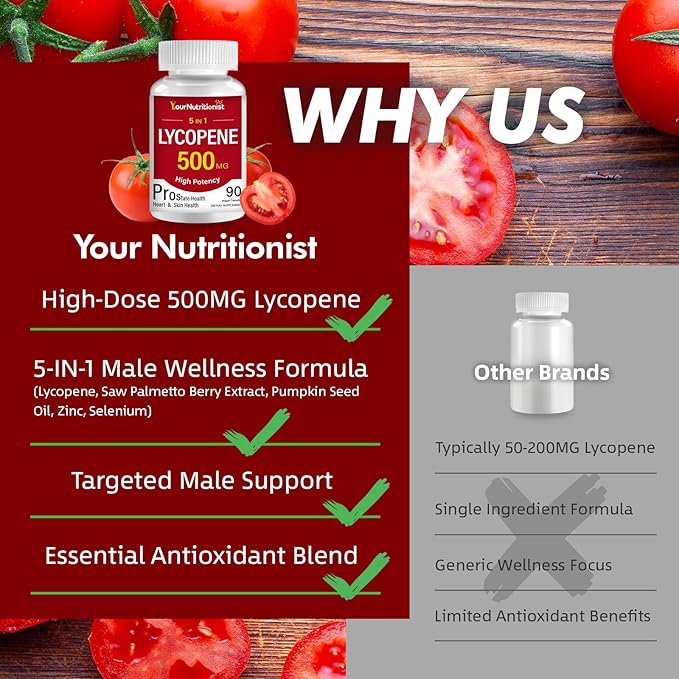 Lycopene 500MG & Prostate Supplement for Men 5-in-1 | Supports Heart & Skin Health， with Saw Palmetto Berry Extract, Pumpkin Seed Oil, Zinc & Selenium | Vegan, Non-GMO, 90 Capsules