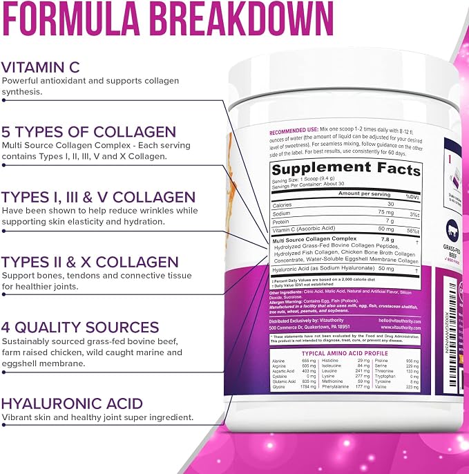 Multi Collagen Peptides Powder for Women - Hydrolyzed Flavored Collagen Powder for Women with Types I II III V & X Vitamin C & Hyaluronic Acid for Hair Skin and Nails (Tropical Punch) - 30 Servings