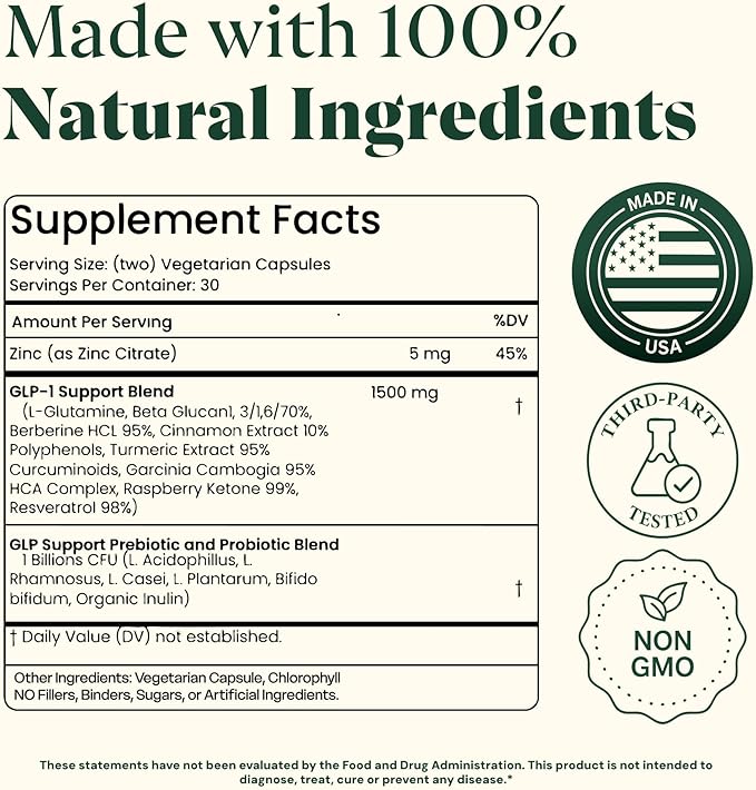 GLP-1 Supplement for Weight Loss & Appetite Control | 10-in-1 Berberine, Probiotic & Prebiotic | Gut Health & Metabolism Support for Women & Men, (60 Capsules)