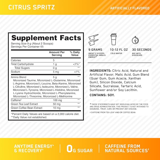 Optimum Nutrition Amino Energy - Pre Workout with Green Tea, BCAA, Amino Acids, Keto Friendly, Green Coffee Extract, Energy Powder - Citrus Spritz, 65 Servings (Packaging May Vary)