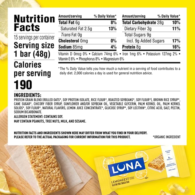 LUNA Bar - LemonZest Flavor - Gluten Free Snack Bars - Non-GMO - Protein Bars - Made with Organic Oats - Value Pack (12 Pack)