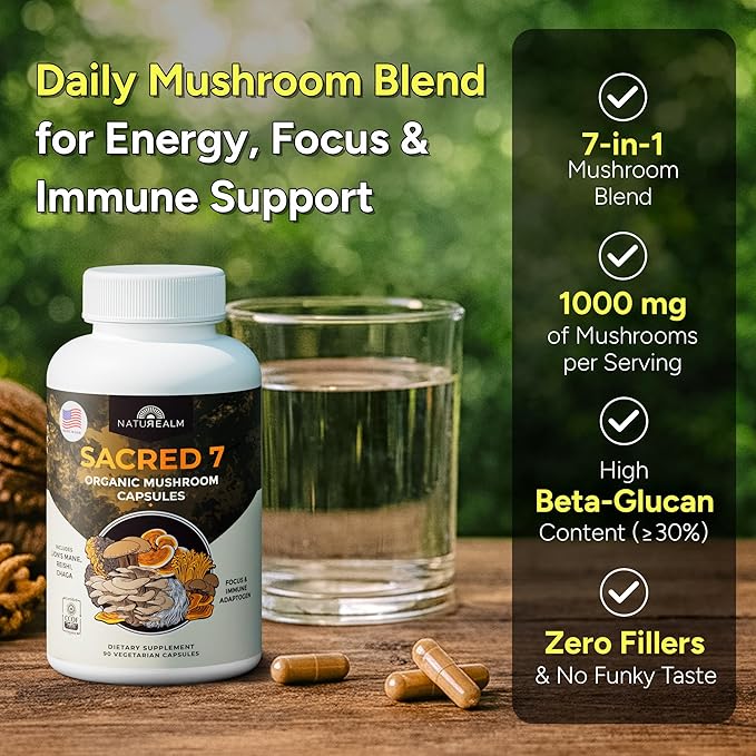 Naturealm Sacred 7 Mushroom 7-in-1 Blend Capsules Supplement (30 Day Supply) | Supports Daily Immune Defense & Focus | Lions Mane, Reishi, Chaga & More | Organic, Premium 100% Fruiting Body Extract