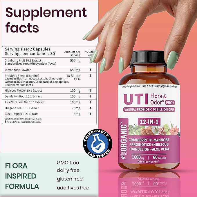 UTI Flora & Odor Pro+ & UTI Yeast & pH Pro+ | Pack of 2 | Vaginal Probiotics for Feminine Hydration & Freshness Support | Third-party Tested, cGMP Facility, Vegan, Non-GMO, Gluten-Free | 60+60 Caps