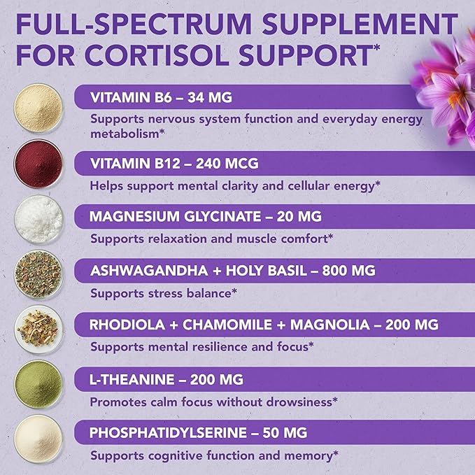 Cortisol Supplements for Women & Men - Vegan, Non-GMO, Made in USA Cortisol Reducer, Manager with Magnesium Ashwagandha L Theanine, Vitamin B Complex for Sleep Support - 60 Capsules