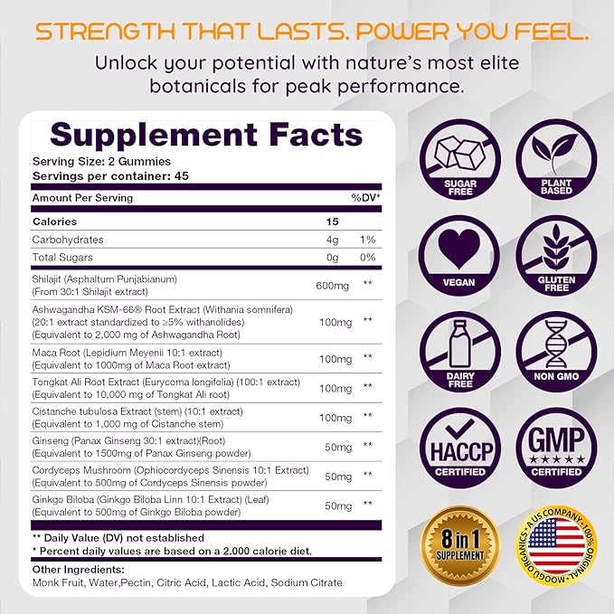 Moogu Pure Himalayan Shilajit 600mg Gummies (45 Days) Tongkat Ali 100:1, Ashwagandha KSM-66®, Maca Root, Cistanche Tubulosa, Cordyceps I Energy, Drive & Stamina I Mixed Berries - Sugar Free Vegan