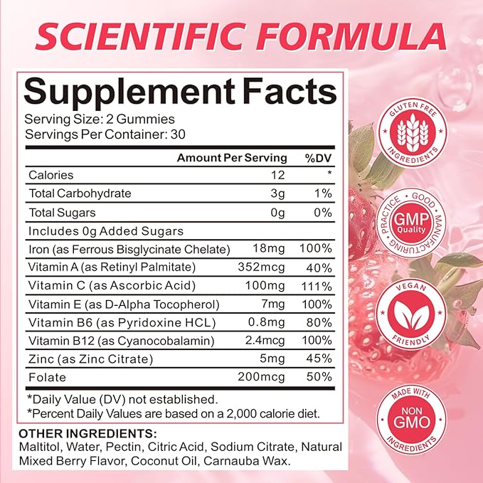 Iron Gummies for Women, Men & Kids, Vegan Iron Supplement with Vitamin C, B12, Folate for Energy Support & Immune Health, Sugar Free, 60 Gummies (Pack of 2)