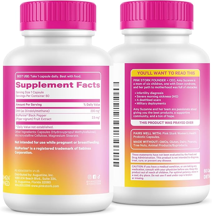 Pink Stork DIM Supplement for Women - Estrogen and Hormone Balance for Menopause, Perimenopause & PMS - DIM 200 mg Plus BioPerine for Mood Support - 60 Day Supply