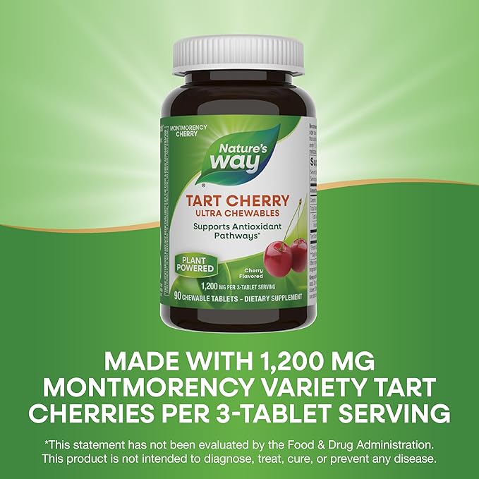 Nature's Way Tart Cherry Ultra Chewables, Supports Antioxidant Pathways* with Anthocyanins, 1,200 mg Potency per 3-tablet Serving, Cherry Flavored, Gluten Free, Vegan, 90 Count (Packaging May Vary)