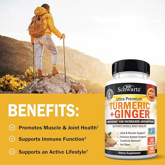 Turmeric Curcumin and Ginger Supplement - 95% Standardized Curcuminoids with BioPerine Black Pepper Extract for Ultra High Absorption - Natural Joint Support Supplement - Gluten-Free - 60 Capsules